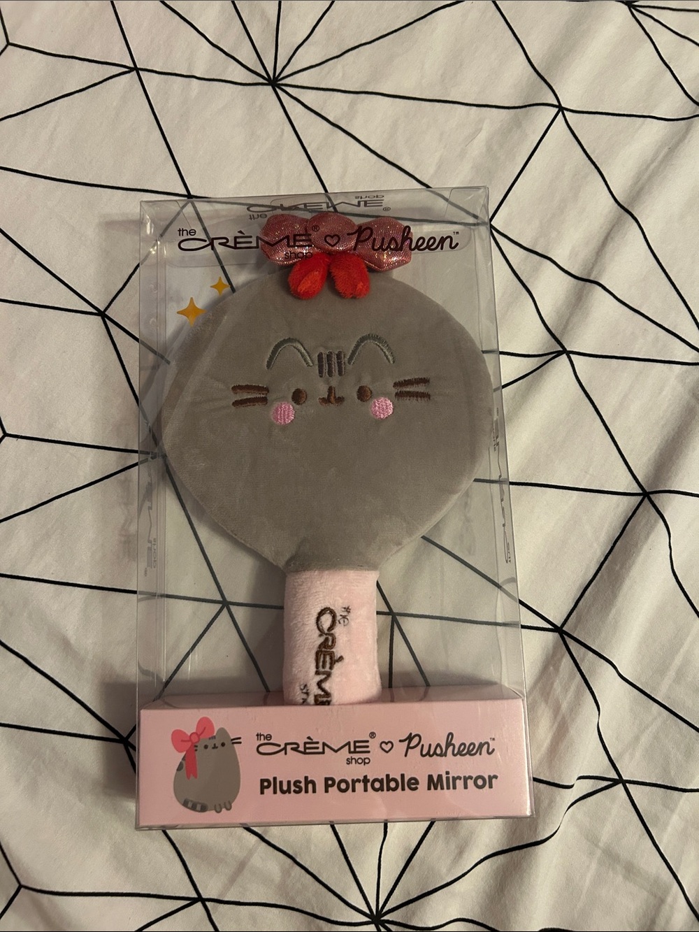 Pusheen Plush Portable Mirror - Gray with Pink & Red Accents